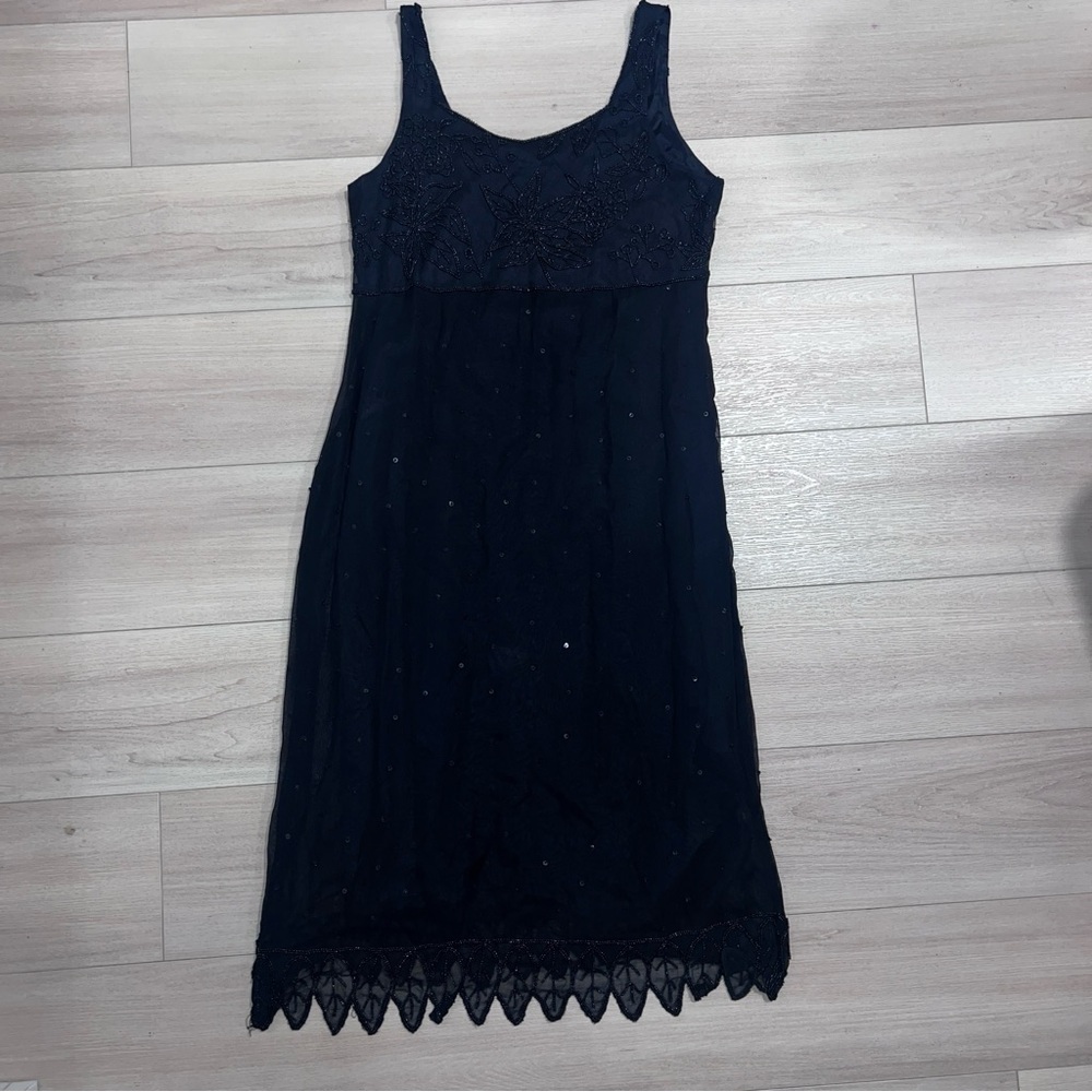 VINTAGE PUDDING SHOP 2 Small Beaded Empire Waist Midi Black Dress Elegant Formal